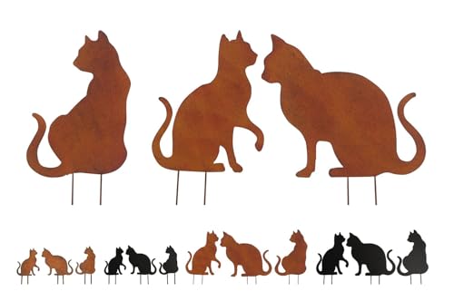 NETPROSHOP 3er Set Katzen z Stecken aus Metall Bodenstecker Gartenstecker Höhe 18 oder 25 cm, Farbe:Rost, Auswahl:25 cm von NETPROSHOP