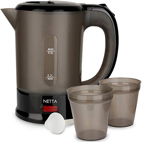 NETTA 0,5 l Reisekocher mit 2 Tassen – leicht und platzsparend – Trockengehschutz und automatische Abschaltung – ideal für Wohnwagen, Koffer, Schlafsäle – Schwarz – 1100 W von NETTA