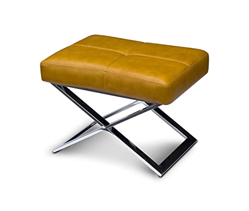 NEUERRAUM Bauhaus Fußhocker, Beistellhocker, Sitzhocker, Hocker, X-Fuß Edelstahl poliert. Abbildung in (Echt-) Leder Hellbraun. von NEUERRAUM