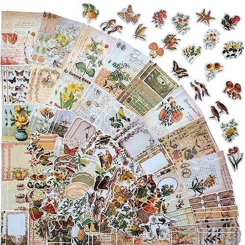 Scrapbook Stickers Vintage, 200 Stück Vintage Stickers Dekorative Papier, Natur Ästhetische Aufkleber für Sammelalbum, Etikettentagebuch, Aufzählungszeichen, DIY Handwerk von NEULEBEN