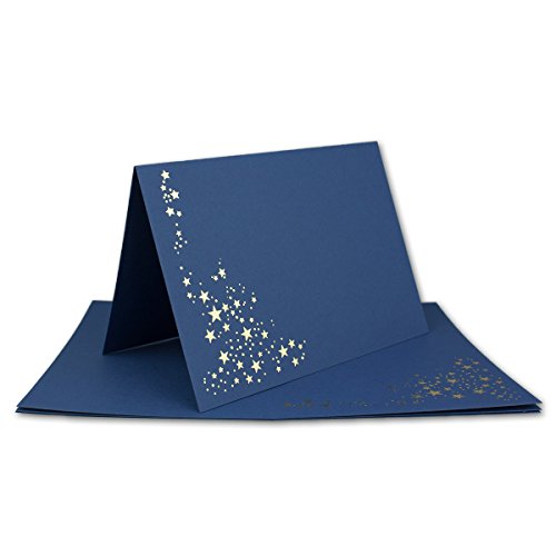 50x Faltkarten DIN A6 - Dunkelblau mit goldenen Metallic Sternen - 10,5 x 14,8 cm - Einladungskarten zu Weihnachten - Marke: FarbenFroh by GUSTAV NEUSER von NEUSER PAPIER