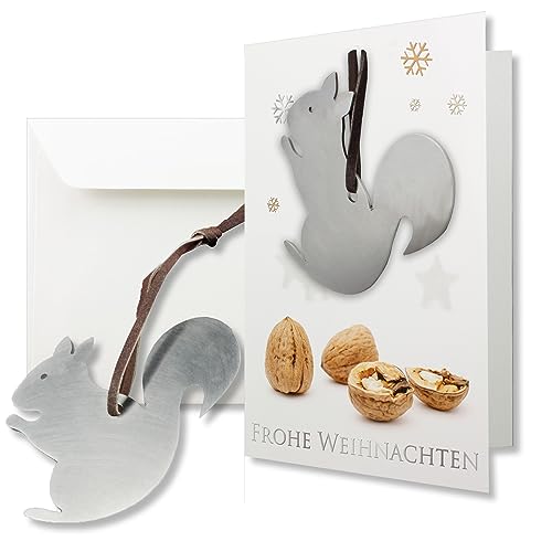 NEUSER PAPIER Grußkarte Doppelkarte mit echtem Edelstahl-Nussknacker Form Eichhörnchen und Lederband inklusive Umschlag in Naturweiß Format DIN B6, 1 Stück von NEUSER PAPIER