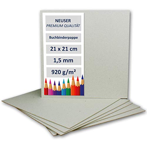NEUSER PAPIER 40 Stück Buchbinderpappe Quadratisch - Stärke 1,5 mm (0,15 cm) - Grammatur: 920 g/m² - Format: 21 x 21 cm - Farbe: Grau-Braun von NEUSER PAPIER
