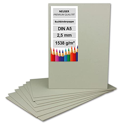 NEUSER PAPIER 5X Buchbinderpappe DIN A5 (14,8 x 21 cm) - Stärke 2,5 mm (0,25 cm) - Grammatur: 1538 g/m² - Graupappe zum Basteln, Modellbau, Buchbinden von NEUSER PAPIER