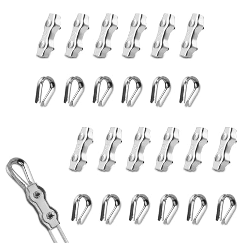 24 Stück Drahtseilklemme M2, Edelstahl 304 Seilklemme mit 12 Drahtseilklemmen 2mm und 12 Drahtseil Kauschen 2mm Duplex Klemme Seilverbinder Drahtseil Clips für Wäscheleinenspanner Markise Fixiert von NEUSID