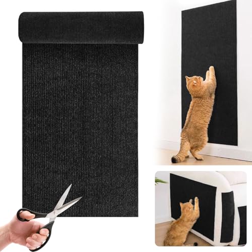 Kratzmatte Katze Selbstklebend, 200×30 cm Kratzteppich Katze Verdickte Katzen Kratzmatte Wand DIY Trimmbarer Katzenteppich Katzenkratzmatten für Kratzwand Sofa Möbel (Schwarz) von NEUSID