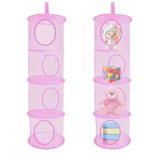 NEUSID 2 Stück Hängeaufbewahrung mit 4 Fächern, Hängekorb Groß Kuscheltier Stofftier Aufbewahrung Hängend Korb Kuscheltieraufbewahrung Faltbare Hängeregal Hängeorganizer für Kinderzimmer (Rosa) von NEUSID