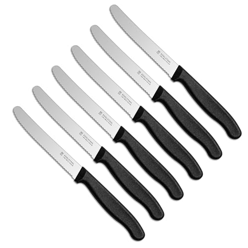 NEUSTANLO | Tafelmesser aus rostfreiem Stahl | 6 Stück | Schwarz | extra scharfer Wellenschliff | ideales Brötchenmesser, Tomatenmesser für den Frühstückstisch von NEUSTANLO