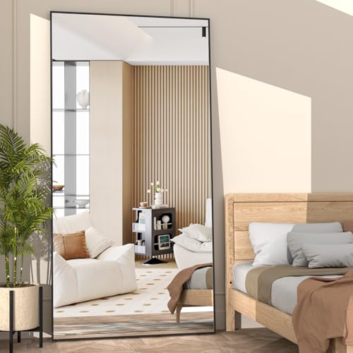 NEUWEABY Ganzkörperspiegel 180 x 80 cm schwarzer Bodenspiegel mit Ständer, großer Spiegel, rechteckiger Ganzkörperspiegel für Schlafzimmer, Rahmen aus Aluminiumlegierung zum Aufhängen oder von NEUWEABY