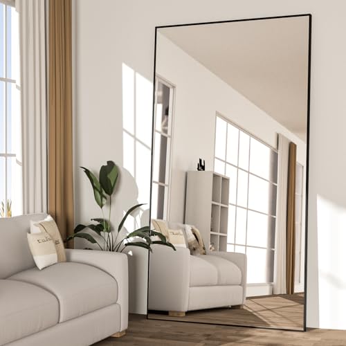 NEUWEABY Ganzkörperspiegel 198 x 96 cm schwarzer Bodenspiegel mit Ständer, großer Spiegel, rechteckiger Ganzkörperspiegel für Schlafzimmer, Rahmen aus Aluminiumlegierung zum Aufhängen oder von NEUWEABY