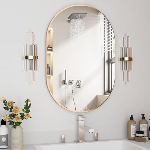 NEUWEABY Oval Badspiegel Ovale Wandspiegel für über dem Waschbecken, 50x75 cm Gold Pillen Spiegel Capsule Wandspiegel, Moderner Spiegel mit Metallrahmen für Wanddekoration von NEUWEABY