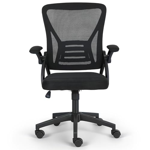 NEW LEADER Ergonomischer Drehstuhl mit 90° Hochklappbaren Armlehnen, Verstellbarer Lendenstütze, Atmungsaktivem Netzrücken, Sitzpolster, Höhenverstellung und Wippfunktion für Büro von NEW LEADER