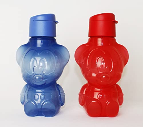 Tupperware NEW Motiv Trinkflasche 425ml Micky Maus in rot + 425ml Micky Maus in blau Kindertrinkflasche Kinder Schule Kindergarten + Kugelschreiber metallicorange von Tupperware