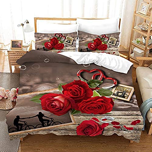 NEWAT 3D Microfaser 2/3 Teilig Bettwäsche Set Rote Rose Romantisch Blumen Druck Bettbezug mit Kissenbezüge (A2200x200cm) von NEWAT