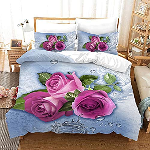 NEWAT 3D Microfaser 2/3 Teilig Bettwäsche Set Rote Rose Romantisch Blumen Druck Bettbezug mit Kissenbezüge (A6200x200cm) von NEWAT