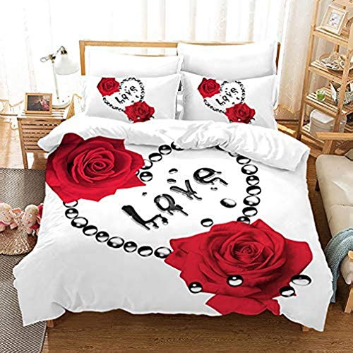 NEWAT 3D Microfaser 2/3 Teilig Bettwäsche Set mit Rote Rose Motiv Romantisch Blumen Druck Bettbezug mit Kissenbezüge (A9,200 x 200 cm) von NEWAT