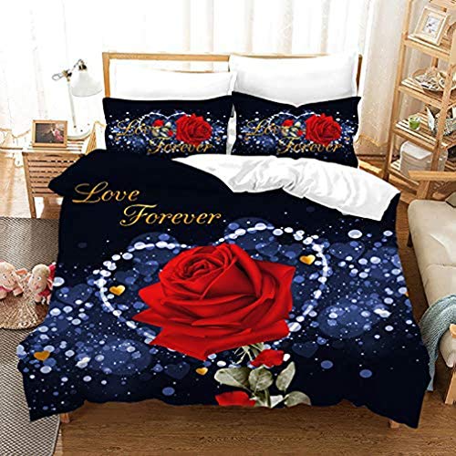 NEWAT 3D Microfaser 2/3 Teilig Bettwäsche Set mit Roten Rosen Motiv Romantischer Blumendruck Bettbezug mit Kissenbezüge (A8,135x200cm) von NEWAT