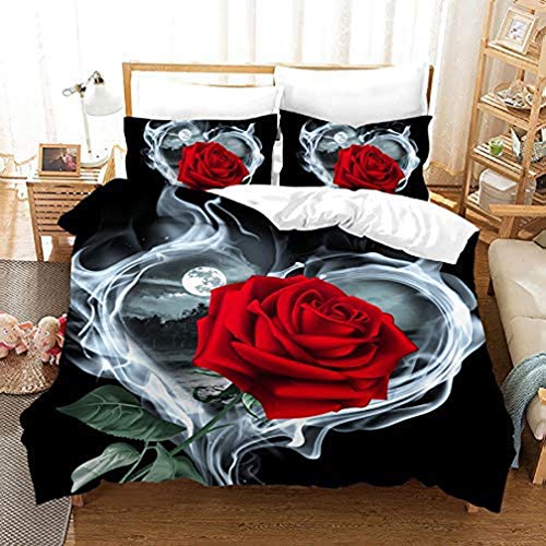 NEWAT 3D Microfaser 2/3 Teilig Bettwäsche Set mit roten Rosen Motiv Romantischer Blumendruck Bettbezug mit Kissenbezüge (A7,220x240cm) von NEWAT