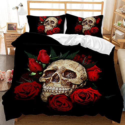 NEWAT Bettwäsche-Set, 3D-Druck, Blumen und Totenkopf, Totenkopf-Rose, Bettbezug-Set, Mikrofaser, Gothic-Skelett-Bettwäsche mit Kissenbezug (B,135 x 200 cm) von NEWAT