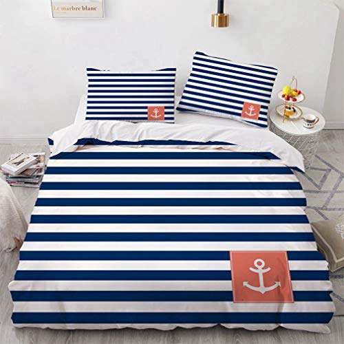 NEWAT Seefahrts-Ozean-Thema, Bettdecken-/Bettbezug-Set, Bootsschiff Anker Rad Kompass Lampe Leuchtturm Seilflasche, Blau Marineblau Weiß (C,220 x 240 cm) von NEWAT