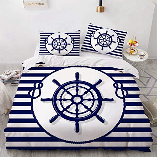 NEWAT Seefahrts-Ozean-Thema, Bettdecken-/Bettbezug-Set, Bootsschiff-Ankerrad, Kompass, Lampe, Leuchtturm-Seilflasche, Blau Marineblau Weiß (D,200 x 200 cm) von NEWAT