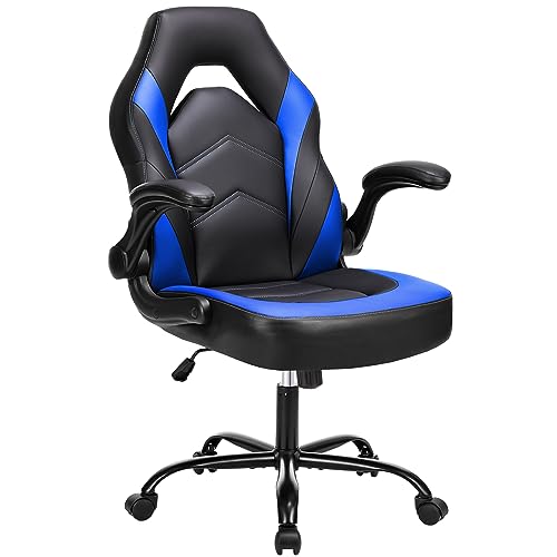 NEWBULIG PU Leder Büro Flip-up Armlehne mit weich gepolsterten höhenverstellbaren Schreibtisch Computer Lendenwirbelstütze Drehstuhl für Gaming, Arbeiten, Studieren, Schwarz und Blau von NEWBULIG