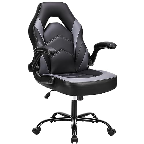 NEWBULIG PU Leder Büro Flip-up Armlehne mit weich gepolsterten höhenverstellbaren Schreibtisch Computer Lendenwirbelstütze Drehstuhl für Gaming, Arbeiten, Studieren, Schwarz und Grau von NEWBULIG
