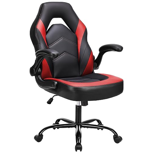 NEWBULIG PU Leder Büro Flip-up Armlehne mit weich gepolsterten höhenverstellbaren Schreibtisch Computer Lendenwirbelstütze Drehstuhl für Gaming, Arbeiten, Studieren, Schwarz und Rot von NEWBULIG
