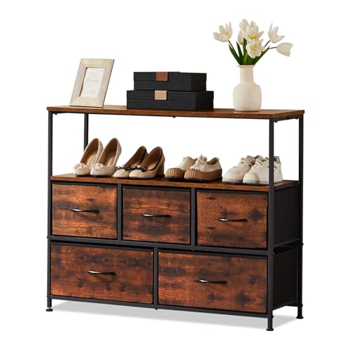 NEWBULIG TV-Ständer Entertainment Center mit 5 Stoffschubladen für Schlafzimmer, 76,2 cm hohe Kommode mit offenem Display, Aufbewahrungsregal, Medienkonsole, Schrank, Metallregal von NEWBULIG