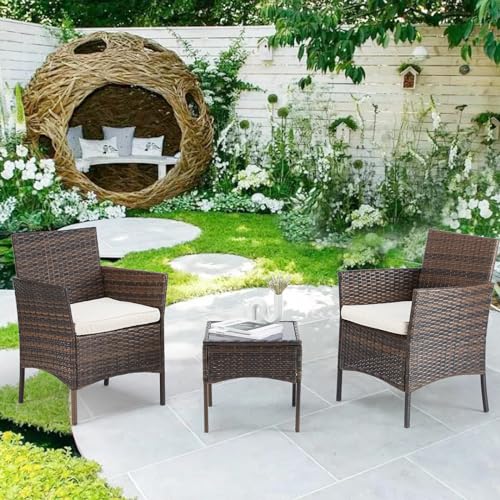 Patio Furniture Conversation Set Outdoor Rattan Chair Garden PE Wicker Sofa Couch Backyard Balcony Porch Poolside Loveseat with Soft Cushion and Glass Table, 3 Piece, Brown von NEWBULIG