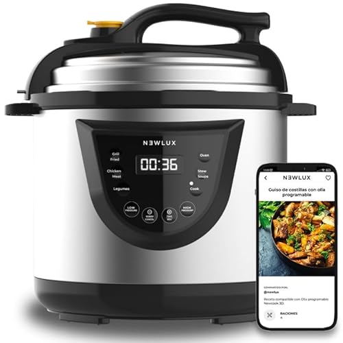 NEWLUX- Elektrischer Schnellkochtopf Chef Pot V110, programmierbar, 10 Programme, 1000 W, Fassungsvermögen 6L, 24-Stunden-Timer, bewahrt die Hitze, Kochen mit 2 verschiedenen Drücken von NEWCOOK