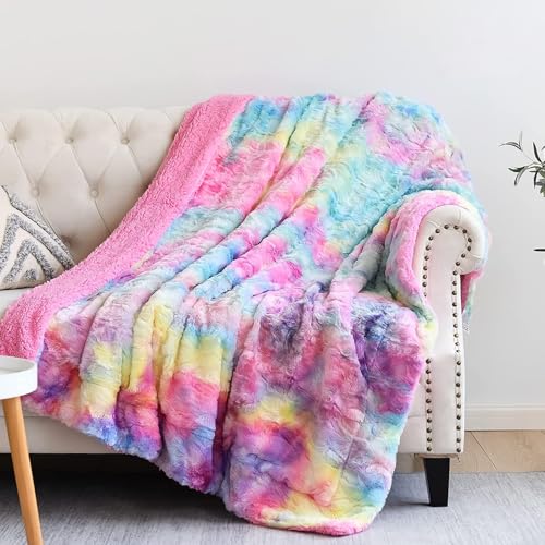 NEWCOSPLAY Super weiche Kunstfell-Überwurfdecke, Premium-Sherpa-Rückseite, warm und gemütlich, Überwurf, dekorativ für Schlafzimmer, Sofa, Boden (dunkler Regenbogen, Twin, 152,4 x 203,2 cm) von NEWCOSPLAY