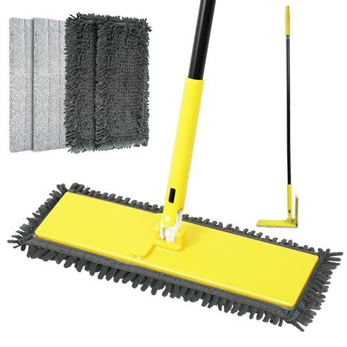 NEWE Bodenwischer mit Einzigartigem 90° Faltbarem Design, 132 cm Langer Stiel Wischmopp Set mit 2 Mikrofaser- und 2 Chenille-Pads für die Reinigung von Hartholz, Treppen, Vinyl, Kachel von NEWE