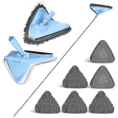 NEWE Rückenschonender Wand Mop mit 202 cm Langem Griff, 180° Klappbares Bodenwischer Wischmopp mit Rakel, Dreiecksmopp mit 4 Chenillepads und 2 Mikrofaserpads zum Waschen für Gemalte Wände, Decke von NEWE