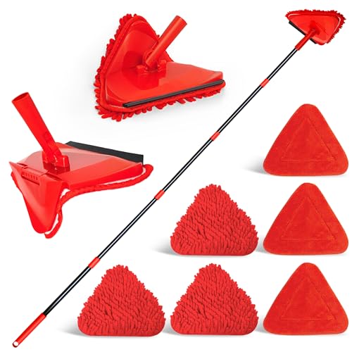 NEWE Wand Mop mit 202 cm Langem Griff, 180° Klappbares Bodenwischer Wischmopp mit Rakel, Dreiecksmopp mit 3 Chenillepads und 3 Mikrofaserpads zum Waschen für Gemalte Wände, Decke (Rot) von NEWE