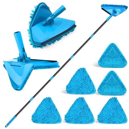 NEWE Wand Mop mit 202 cm Langem Griff, 180° Klappbares Bodenwischer Wischmopp mit Rakel, Dreiecksmopp mit 4 Chenillepads und 2 Mikrofaserpads zum Waschen für Gemalte Wände, Decke (Blau) von NEWE
