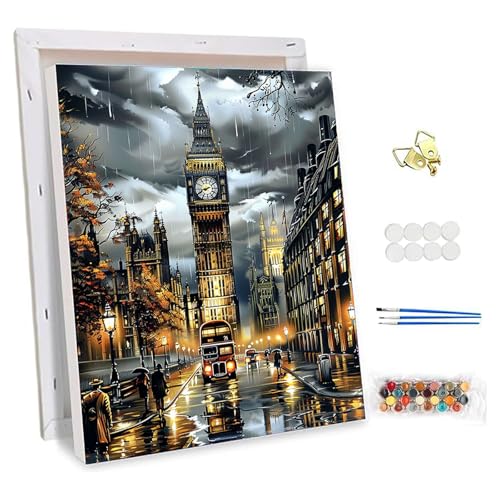 NEWENMO Big Ben Malen Nach Zahlen mit Rahmen,London Straße Nachtblick Paint by Numbers,Malen Nach Zahlen Erwachsene,DIY Handgemalt Ölgemälde Set mit Pinseln und Acrylfarben,für Home Decor 30x40cm von NEWENMO