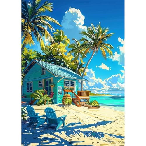 NEWENMO Blaues Strandhaus Diamond Painting Bilder Erwachsene,5D Palmenbaum Diamant Painting Bastelset,Schaukelstühle Diamant Malerei Kit,Diamond Painting Set,für Anfänger Dekoration Zuhause-30x40cm von NEWENMO