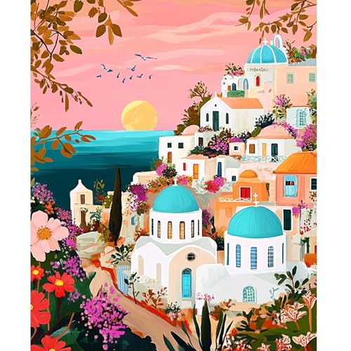 NEWENMO Landschaft der Griechischen Insel Malen Nach Zahlen Kit,Schöne Blumen Paint by Numbers Adult,Malen Nach Zahlen Erwachsene Set,Einfaches DIY Handgemalt Ölgemälde,für Home Dekoration 40x50cm von NEWENMO