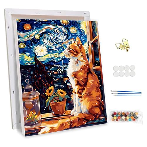 NEWENMO Malen Nach Zahlen mit Rahmen,Süße Orange Weiße Katze Paint by Numbers,Sternenhimmel Malen Nach Zahlen Erwachsene,DIY Handgemalt Ölgemälde mit Pinseln und Acrylfarben,für Home Decor 30x40cm von NEWENMO