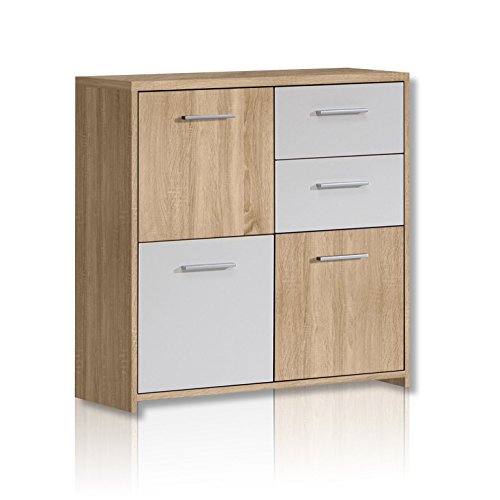 FORTE Quadro Kommode mit 3 Türen und 2 Schubladen, Holzwerkstoff, Sonoma Eiche / Weiß, 77.2 x 29.6 x 77.5 cm von Forte