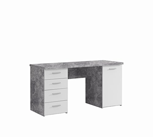 FORTE Net106 Schreibtisch mit 4 Schubladen und 1 Tür, Holzwerkstoff, Betonoptik Lichtgrau / Weiß, 145 x 60 x 76.3 cm von Forte