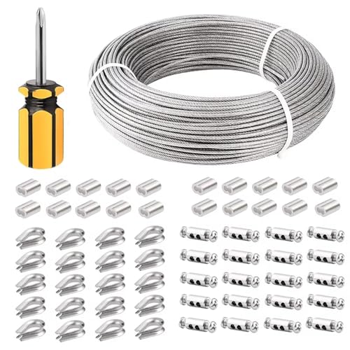 NEWFUN Stahlseil 3mm, 100M Drahtseil 3mm Edelstahl, Edelstahldrahtseil 7 x 7 mit Quetschhülse, Kausche, Zaunspanndraht, Drahtseil zum Aufhängen von Außenlampen von NEWFUN