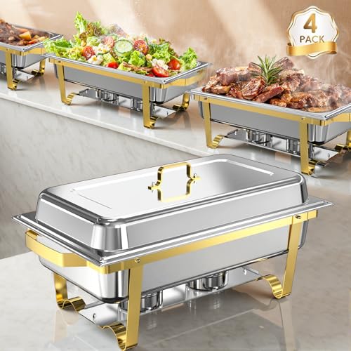 Chafing Dishes für Buffet, 4 Stück, 11 QT [große Größe und robust] Edelstahl-Speisenwärmer für Partys, Buffet, elegante Gold- und Silberfarben, Catering-Zubehör, Buffet-Display von NEWKITCHEN