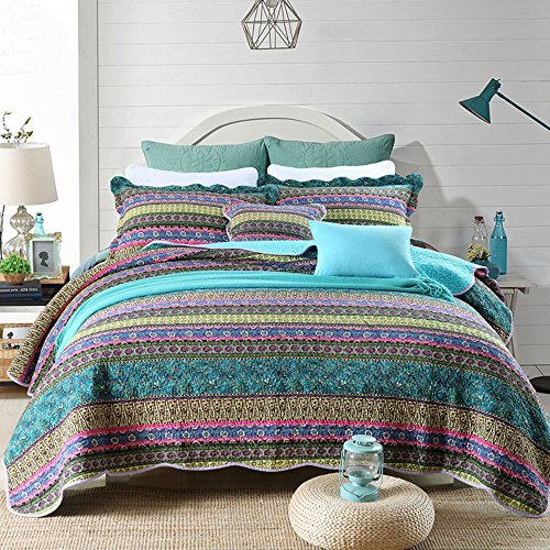 NEWLAKE Gestreift Jacquard-Stil Baumwolle 3-teiliges Patchwork-Tagesdecken-Sets, King Size von NEWLAKE