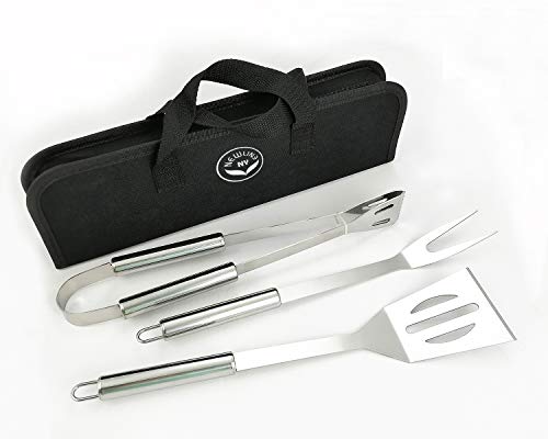 NewlineNY Edelstahl-Grill-Werkzeug-Set, 3-teilig, Zange, Fleischgabel, Spatel + schwarze Tragetasche für Picknick, Camping, Reisen, Kochen, Grillen von NEWLINE NY