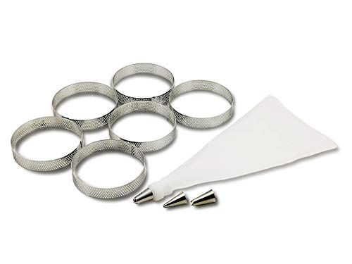 Newline NY Stainless Steel French Pastry Tart Rings Baking Kit - 6 Perforated Round Rings + 3 Nozzles + 1 Decorating Piping Bag Kit von Newline NY