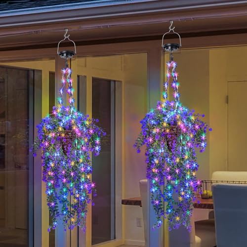 NEWNEN Solar Hanging Flower Basket Künstliche: Solar RGB String Lights Hängenden Körbe Hängende Kunstblumen mit Künstlichen Blumen für Patio Rasen Gartendekor - 2 Pack Konischer Lila von NEWNEN