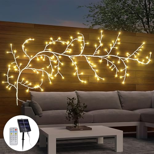 NEWNEN Solar Willow Vine Lights Außen: 144LEDs Zweige Lichter Lichterketten Warmweiß Lichterbaum mit Solarbetrieben - für Rasen und Wanddekoration im Freien Weiß von NEWNEN