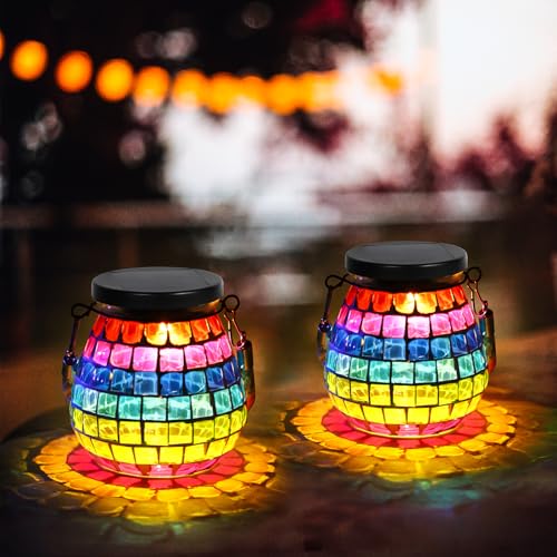 NEWNEN Solarlampen für Außen Garten, 2 Stück Einmachglas Solarlampen für Außen Hängend, IP65 Wasserdichte für Rasen Pfad Hof Deko Boden, 2 LED-Perle Warmes Weiß und RGB (Siebenfarbiges Quadrat) von NEWNEN